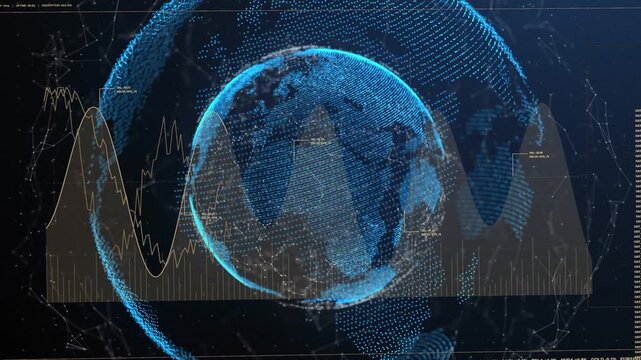 Dot-matrix globe rotating on data pulse, ring shifting while waveform rising to show global trends