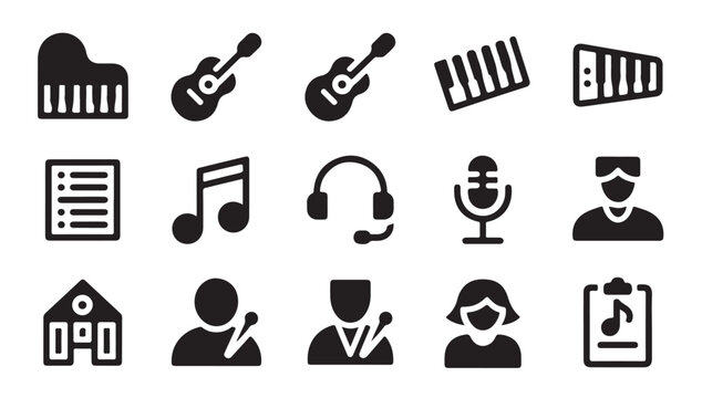 Collection of fifteen music themed glyph icons featuring various instruments audio gear sets.
