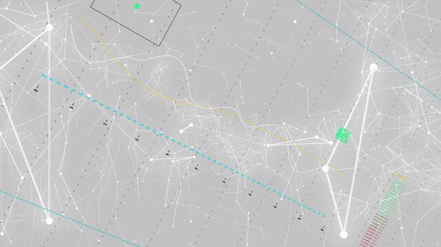 Node glow starting network, nodes pulsing, yellow wave crossing turquoise line visualizing data