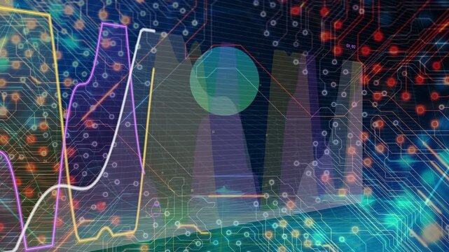 Centered orb and pillars remaining while left neon traces rising, pushing line graphs to show data