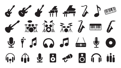 Musical instrument icons set including guitars piano drums and professional audio equipment. © MD