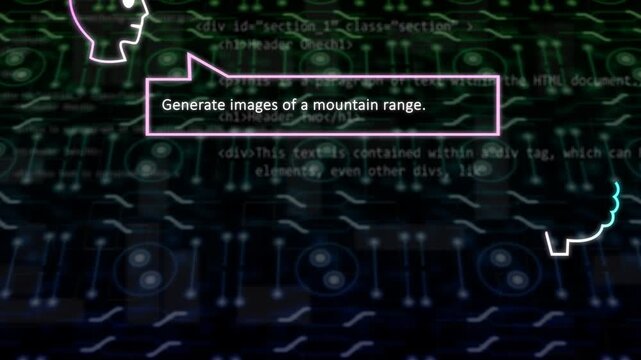 Bright dot tracing head, user typing mountain prompt, AI brain lighting filling panel of four tiles