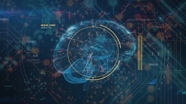 HUD activating 3D brain scanning, gold rings expanding, radial sweep locking onto core