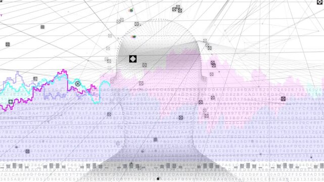 Markers appearing starting 3D head rotating right while data bands rising embedding head to map