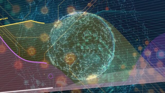 COMPILING appearing teal sphere rotating shifting down hotspots pulsing graphs rising for analysis