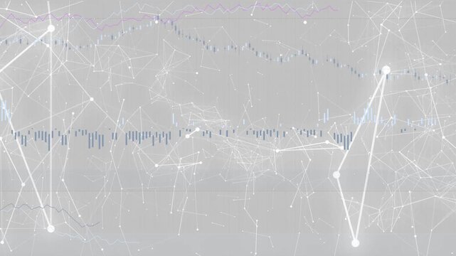 Data network and overlaid charts growing, pulsing, connecting after point sparks, visualizing trend