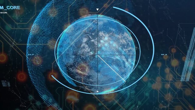 Radial pointer emerging from core sweeping clockwise across globe, rotating arcs showing data scan