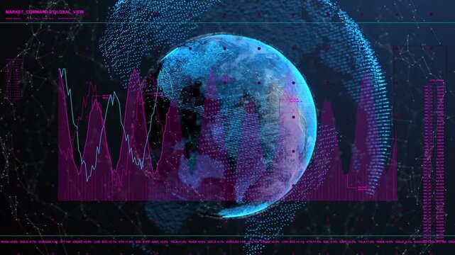 Blue pixel globe appearing rotating white cyan lines rising magenta chart filling HUD showing data