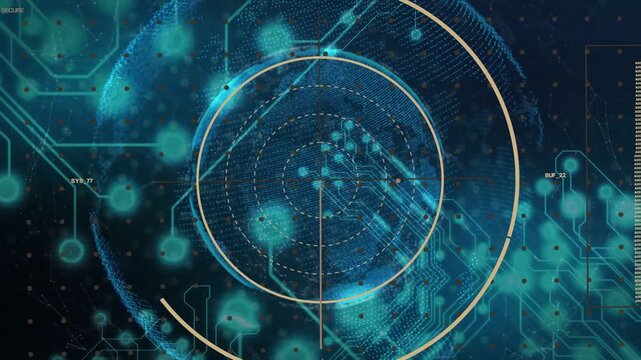 Holo globe ring pulsing, gold arc rotating and scanner sweeping, nodes pulsing, showing data flow