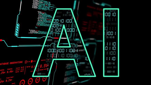 On data refresh letters AI pulsing while bits scrolling and panels flickering for monitoring