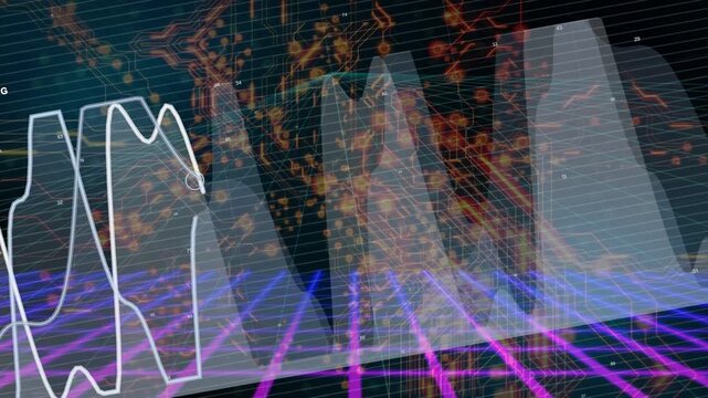 3D chart starting left, tracing white waveform, cones rising, cursor marking peaks, showing trends