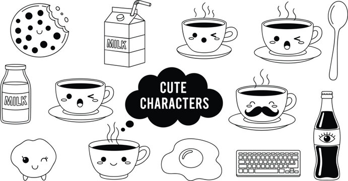 Kawaii breakfast and drink character set featuring cute cookie milk coffee cups fried egg and soda bottle line art.
