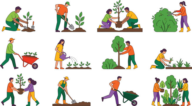 Gardening activity collection with planting watering digging pruning and teamwork flat vector illustration set