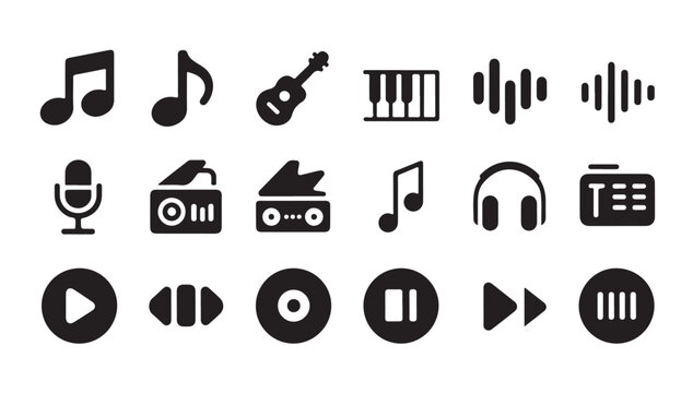 Set of music and audio player interface icons with notes, guitar, piano, radio, headphones, play buttons.
