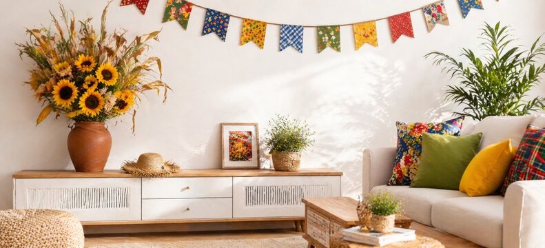 Festa Junina decor with sunflowers in cozy living room setting, suitable for background