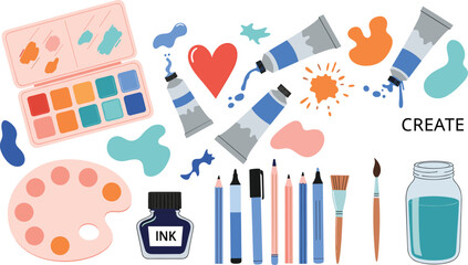 Artist painting supplies set featuring watercolor palette paint tubes brushes ink pencils and creative colorful splashes vector icons. © MdRezaul