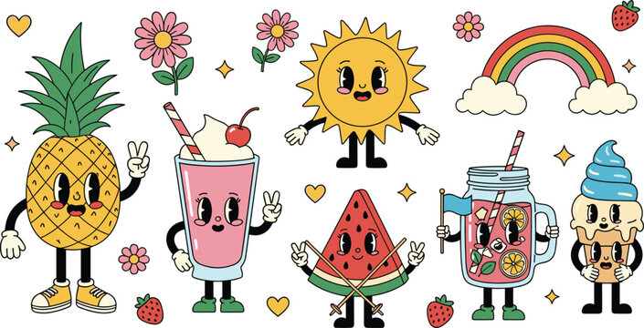 Retro groovy summer character set with cute pineapple milkshake sun watermelon ice cream and rainbow vector sticker icons.