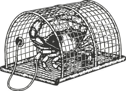 Vintage crab trap illustration lobster cage or seafood pot with mesh wire and rope nautical fishing equipment drawing