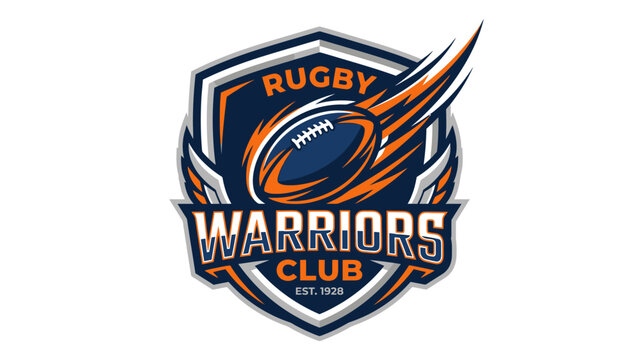 Rugby Warriors Club logo featuring a shield, a dynamic rugby ball with orange streaks, and text 'EST. 1928' on a white background, representing a sports team.