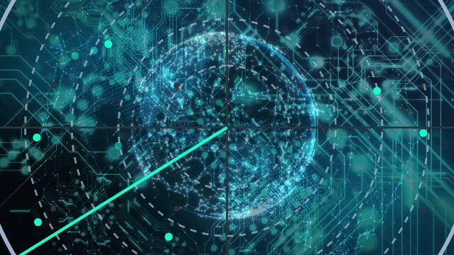 Teal pointer entering top-right starting globe scan, rings forming, nodes grouping and showing data