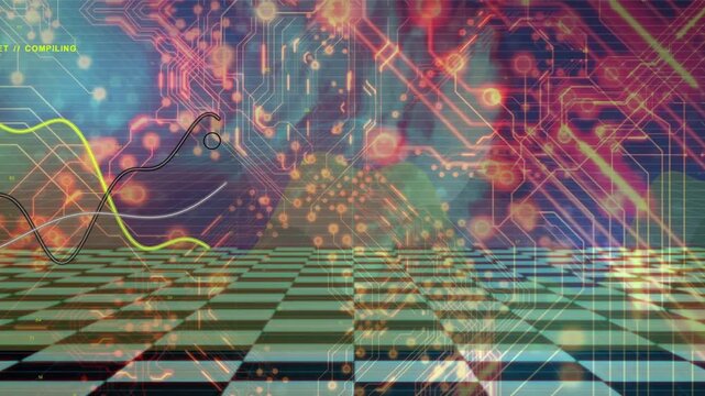 Grid and waveforms reacting to COMPILING prompt, pulsing nodes, tracking marker, showing status