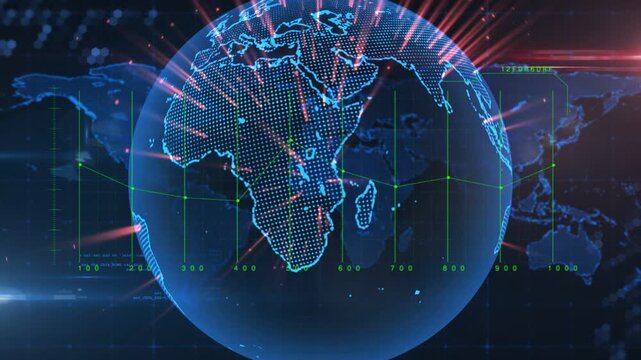 Holographic globe rotating after data burst emitting red streaks casting green grid showing trends