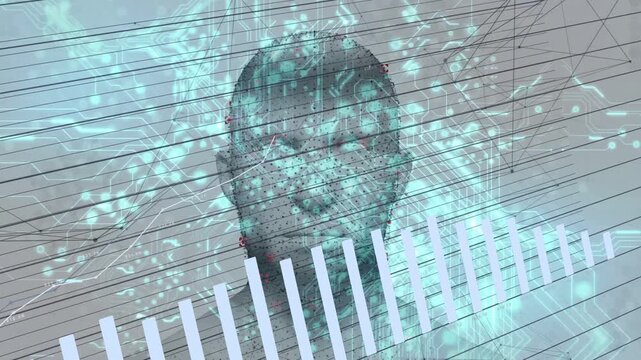 Particles condensing, forming translucent 3D head while vertical white bars rising, displaying data