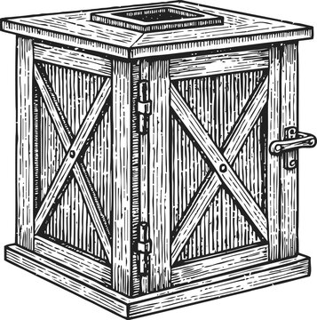 Vintage wooden ballot box with hinged lid and handle, hand drawn illustration