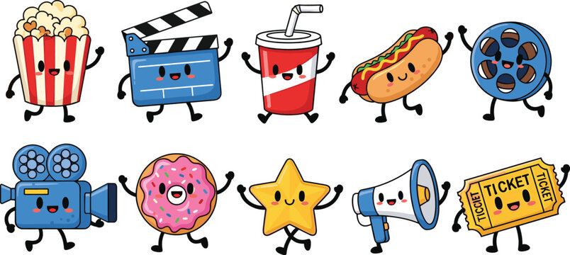 Kawaii movie night character set featuring cute popcorn film clapper soda hot dog camera donut star and ticket icons.