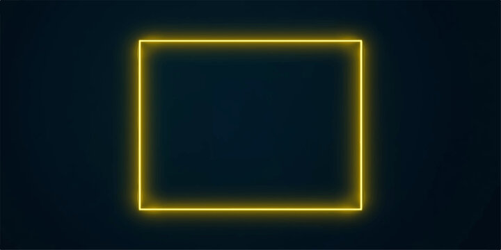 Glowing neon sign and empty picture frame on a black wall with gold 3d border for modern art gallery decoration