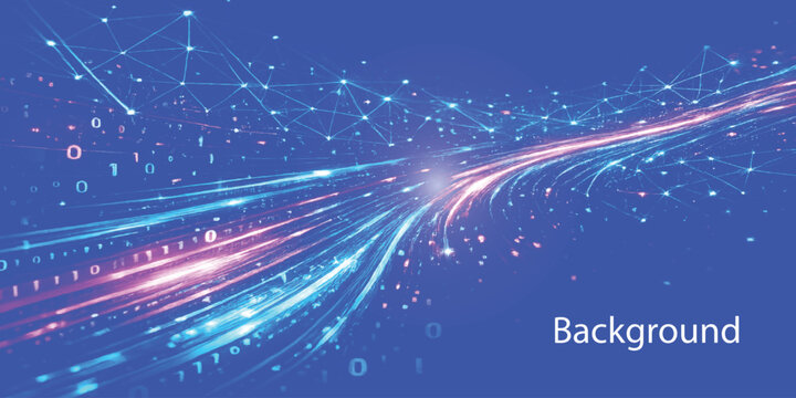 Futuristic blue digital background with glowing data streams, binary code and network connections, fast internet technology, big data and communication concept