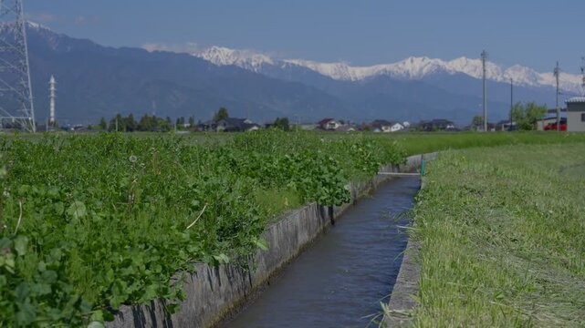 田園地帯の小さな水路と北アルプス