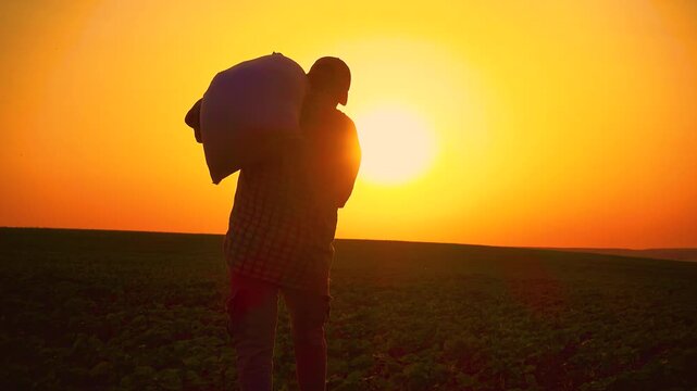Silhouette of a male farmer with a sack of wheat on his shoulder. A male worker at sunset with a sack of fertilizer in his hand. The concept of farming, agriculture, hard work of workers.