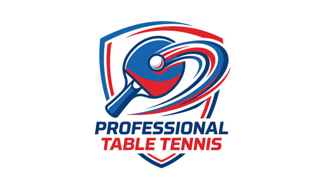 Dynamic logo for professional table tennis featuring a paddle hitting a ball with motion blur within a red, white, and blue shield design.