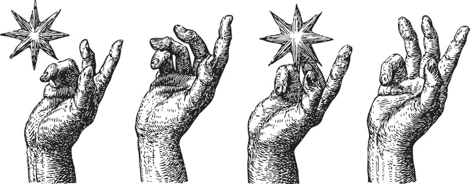 engraved vintage hands with star and gesture illustrations in detailed black and white line art