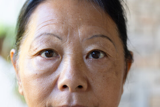 Senior Asian woman holding steady gaze toward camera near brick wall with blurred foliage