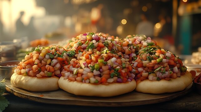 Fresh Pico de Gallo Topped Flatbreads at a Bustling Street Food Market.