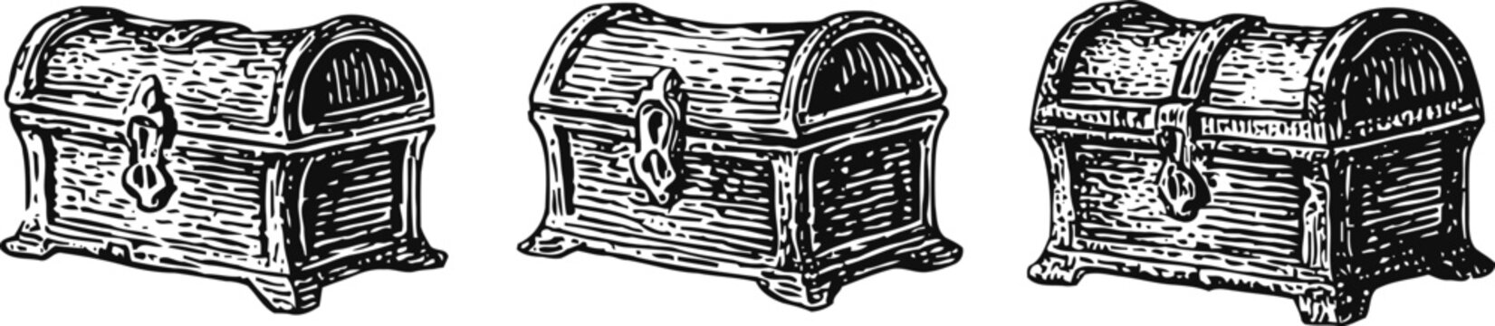 vintage treasure chests set antique wooden boxes with metal locks and hinges, hand drawn engraving