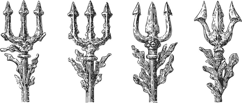engraved trident designs set hand drawn vintage tridents with ornate detailing, antique spear weapons vector illustration