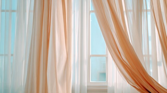 flowing sheer curtains dominating frame, interior softly visible behind, natural light diffusion, cinematic softness