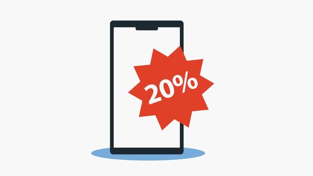 Smartphone discount motion graphic with a 20 percent red starburst bouncing on white background ecommerce advertisement.