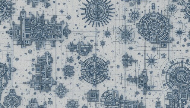 Seamless pattern inspired by architectural blueprints and abstract technical drawings