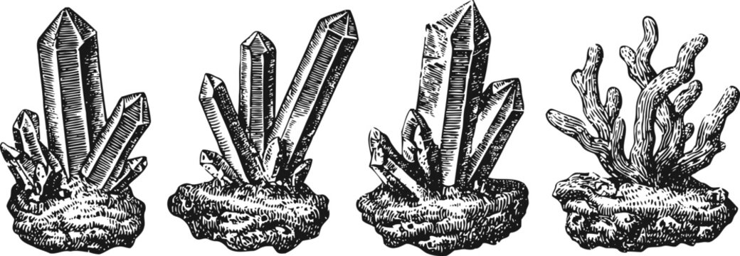 vintage crystal cluster and coral engraving set hand drawn quartz mineral gemstone natural rock vintage collection illustration