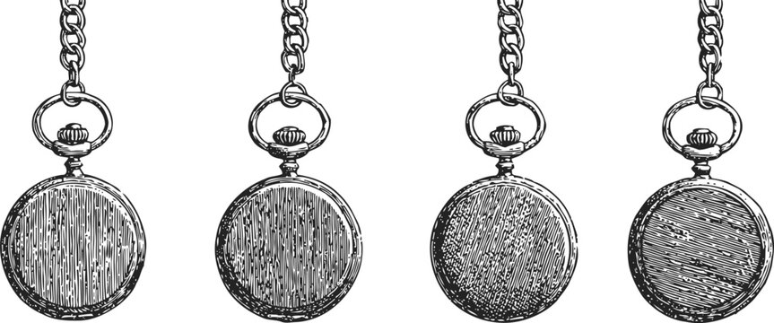 Four vintage pocket watch cases hanging from chains detailed black and white engraving