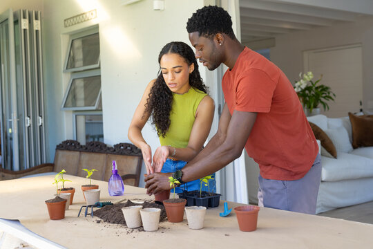 African American couple planting seedlings on porch table with kraft paper, rust shirt, lime top