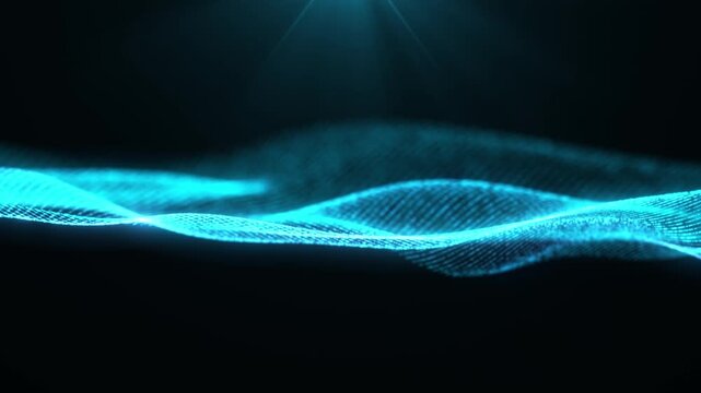 Blue digital wave flowing in dark space with glowing mesh lines and futuristic technology motion background animation.