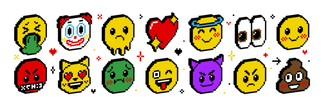 Pixel 3d isometric emoji icon sticker set. Happy joy shock sadness love angry faces heart clown poop devil eye sparkle star etc. Social media and chat elements. 8 bit retro game y2k trendy style.