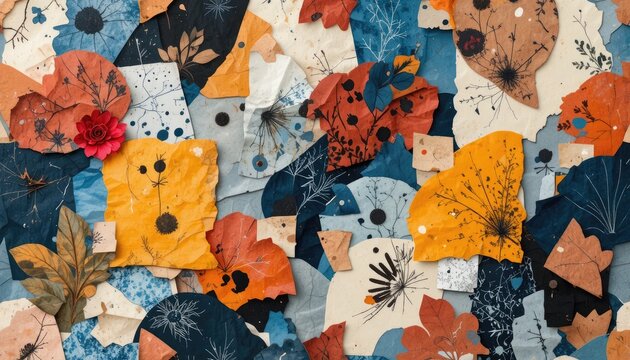 Abstract seamless pattern featuring hand-cut collage textures and artistic paper elements