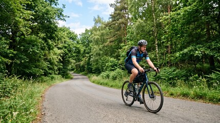 Fototapeta premium Cyclist Riding on Winding Forest Road