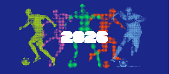 Fototapeta na wymiar Abstract soccer player silhouette with halftone grunge effect texture for competition and sports marketing visuals